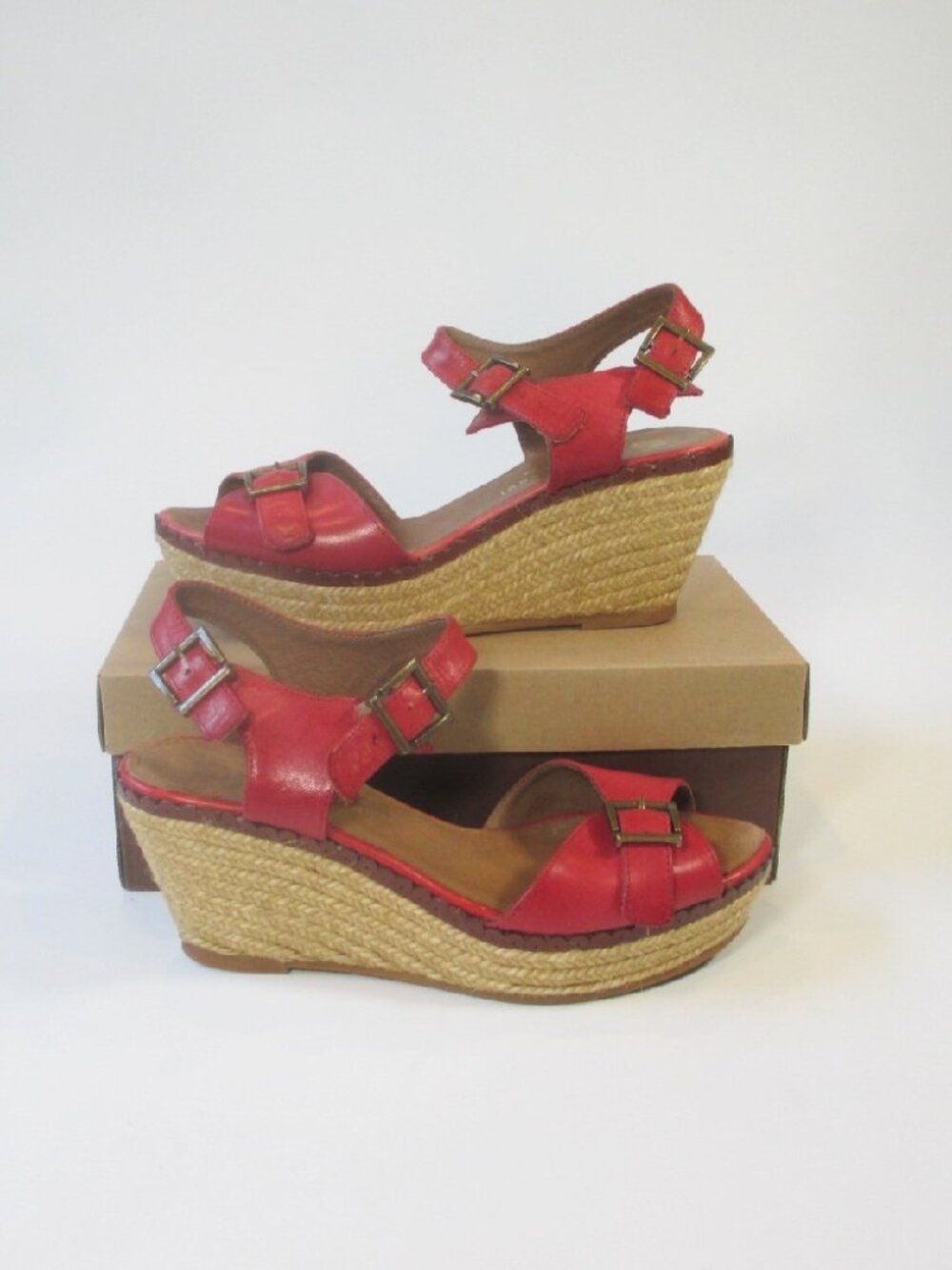 Red Leather Wedge Espadrille Sandals